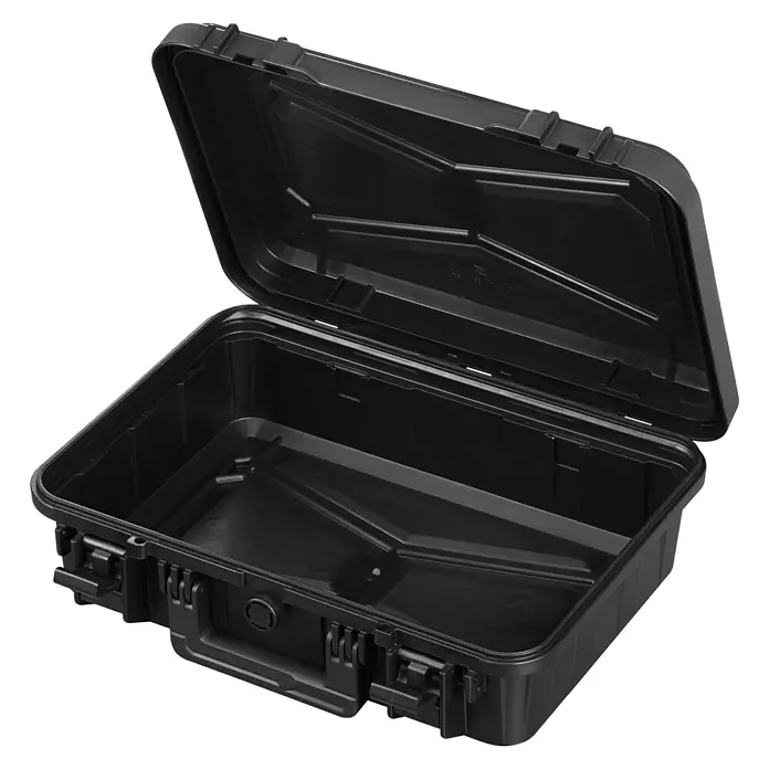 Wasserdichter Koffer EKO60 - L x B x H: 415 x 280 x 125 mm, Ohne Schaumstoffeinlage, Grau - Schwarzer, geöffneter Schutzkoffer. Ideal für sicheren Transport empfindlicher Gegenstände, robust und zuverlässig.