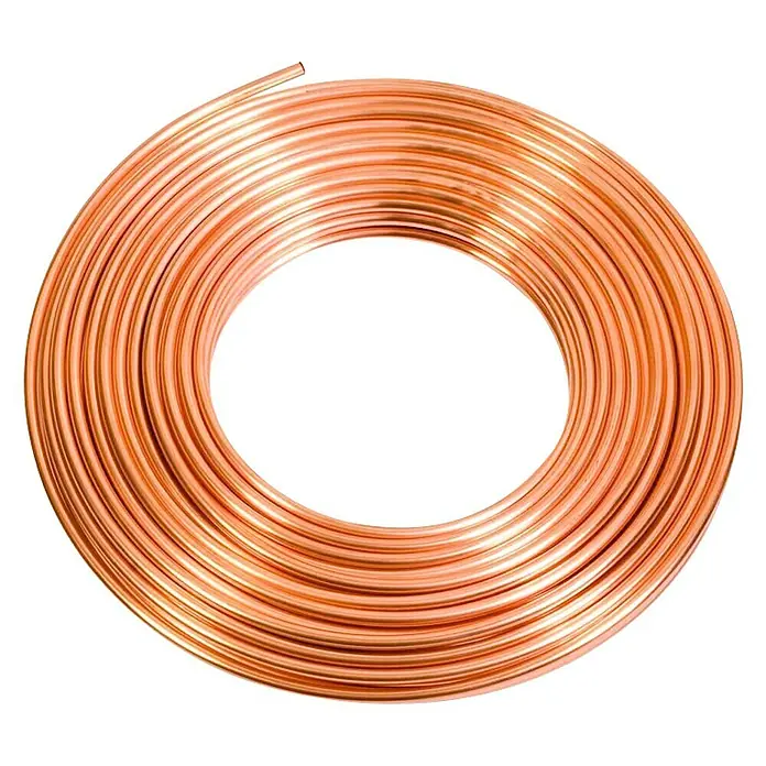 Tubo de cobre en rollo - Diámetro: 15 mm, Largo: 25 m - Imagen de un tubo de cobre, enrollado en espiral con una superficie dorada brillante.