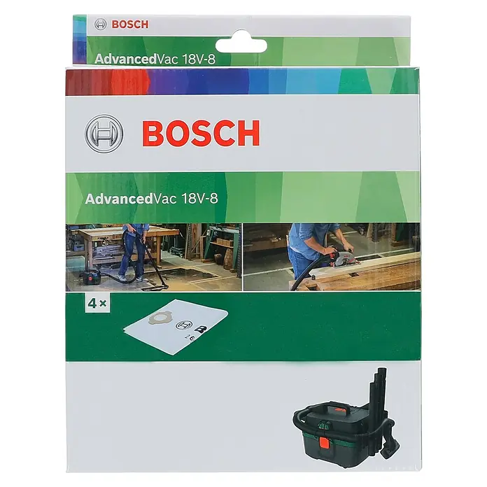 Bosch Vliesfiltertüten - 4 Stk., Passend für: Bosch Nass-Trockensauger AdvancedVac 18V-8 - Bosch AdvancedVac 18V-8 Staubsaugerbeutel, 4 Stück. Ideal für die Reinigung von Werkstätten und Baustellen, passend für den Bosch AdvancedVac 18V-8 Sauger.