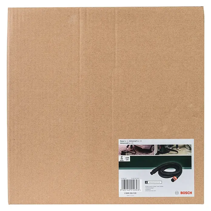 Bosch Saugschlauch - 2 Stk., Länge: 2,2 m, Durchmesser: 35 mm - Bild einer Verpackung für Bosch EasyVac 3, Universalvac 15 und AdvancedVac 20 Staubsauger mit Zubehör.