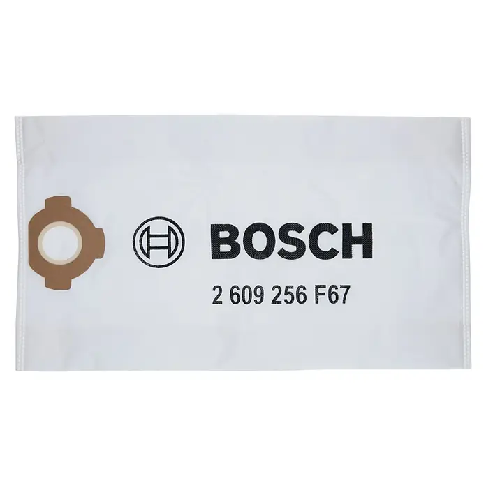 Bosch Vliesfiltertüten - 4 Stk., Passend für: Bosch Nass-Trockensauger AdvancedVac 18V-8 - Ein Staubsaugerbeutel der Marke Bosch, Modell 2 609 256 F67, in Weiß mit dem Firmenlogo und der Modellnummer.