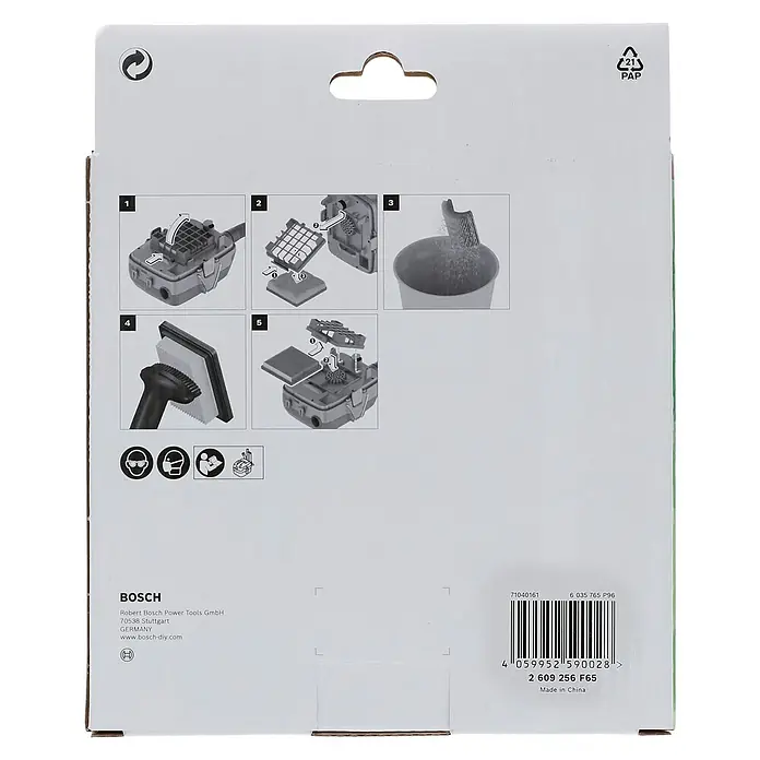 Bosch Flachfaltenfilter - Passend für: Bosch Nass-Trockensauger AdvancedVac 18V-8 - Verpackungsrückseite eines Bosch-Produkts mit Anweisungen zur Filterinstallation und Recyclinghinweisen.