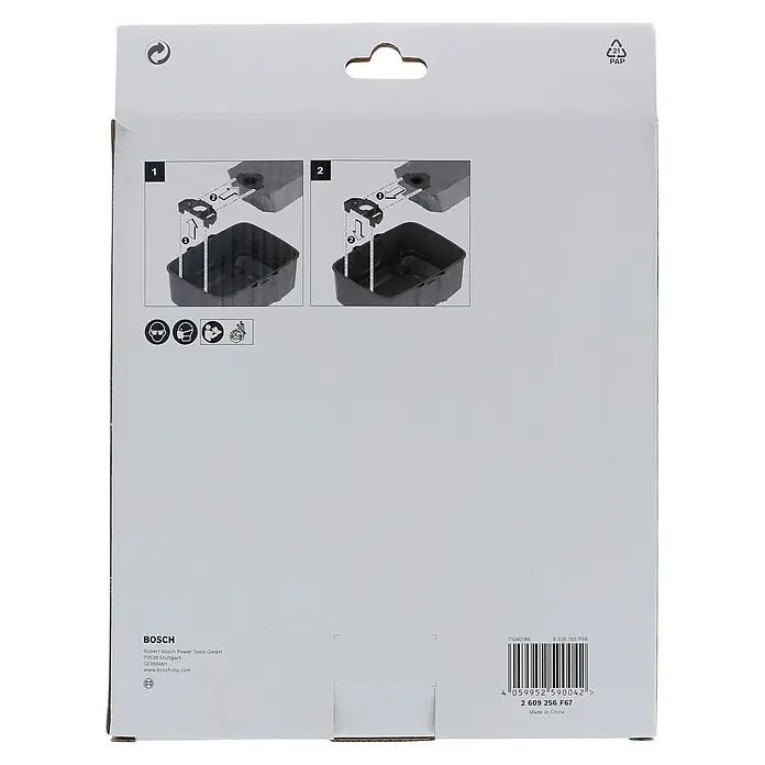 Bosch Vliesfiltertüten - 4 Stk., Passend für: Bosch Nass-Trockensauger AdvancedVac 18V-8 - Rückseite der Bosch-Produktverpackung mit Anweisungen zur Montage des Geräts und Angaben zum Recycling.