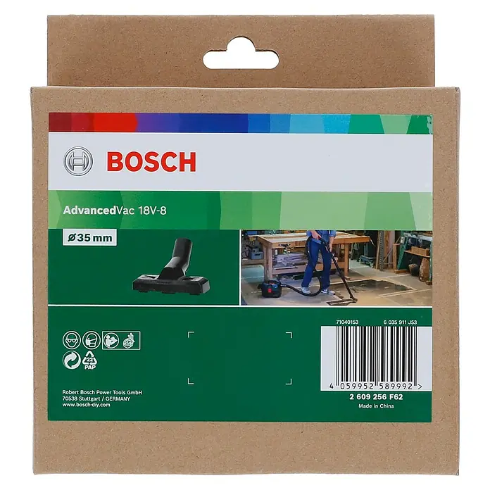 Bosch Bodendüse - AdvancedVac 18V-8 - Bild eines Bosch AdvancedVac 18V-8 Staubsaugerzubehörs, das eine 35mm Düse zeigt, verpackt in einem Karton.