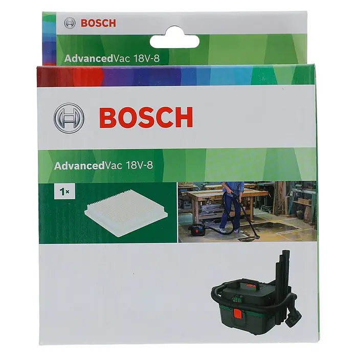 Bosch Flachfaltenfilter - Passend für: Bosch Nass-Trockensauger AdvancedVac 18V-8 - Bosch AdvancedVac 18V-8 Staubsauger mit Filter und Zubehör, dargestellt auf der Verpackung. Ideal für Werkstatt und Baustelle.