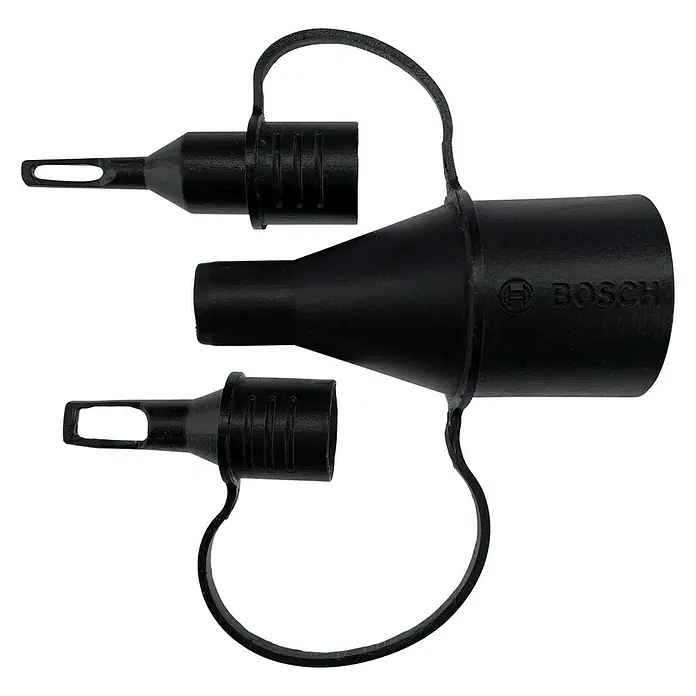 Bosch Düsen-Set - Passend für: Bosch Power for All 18V Nass-Trockensauger AdvancedVac 18V-8 - Schwarzer Bosch-Adapter mit drei Öffnungen und Schutzkappen, ideal für verschiedene Geräteanschlüsse.
