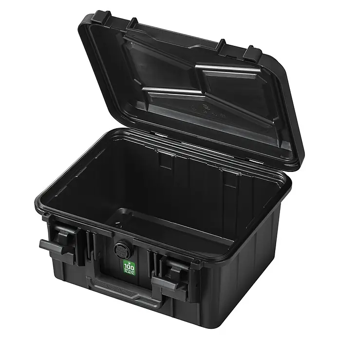 Wasserdichter Koffer EKO30 - L x B x H: 290 x 220 x 160 mm, Mit Würfelschaumstoffeinlage, Grau - Schwarzer, robuster Werkzeugkoffer aus Kunststoff mit geöffnetem Deckel, ideal für den Transport und die Aufbewahrung von Ausrüstung.