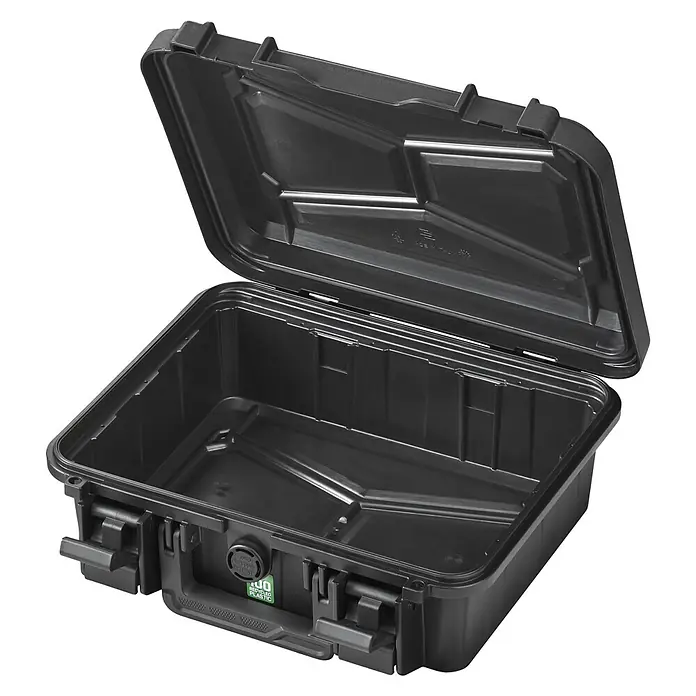 Wasserdichter Koffer EKO30 - L x B x H: 290 x 220 x 105 mm, Ohne Schaumstoffeinlage, Grau - Offener schwarzer Hartschalenkoffer aus recyceltem Kunststoff. Ideal für den sicheren Transport von Ausrüstung und Wertgegenständen.