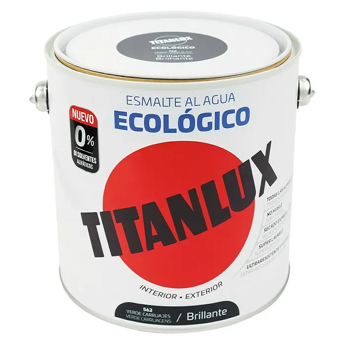 Titanlux Esmalte de color Eco - Verde carruajes, Brillante, 2,5 l, Base de agua - Bote de pintura al agua Titánlux, ecológica, color verde, ideal para uso interior y exterior.