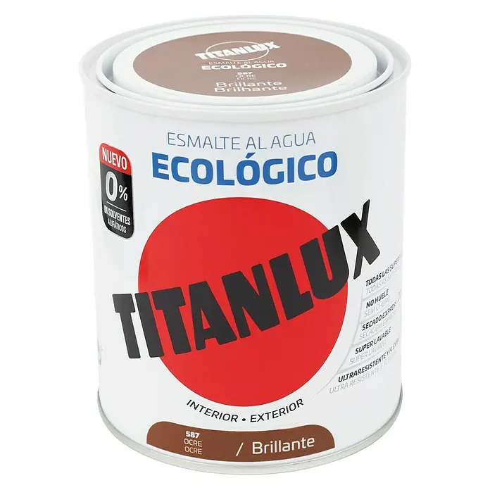 Titanlux Esmalte de color Eco - Ocre, Brillante, 750 ml, Base de agua - Bote de pintura al agua Titanlux, esmalte ecológico para interior y exterior en color ocre, con excelentes propiedades.