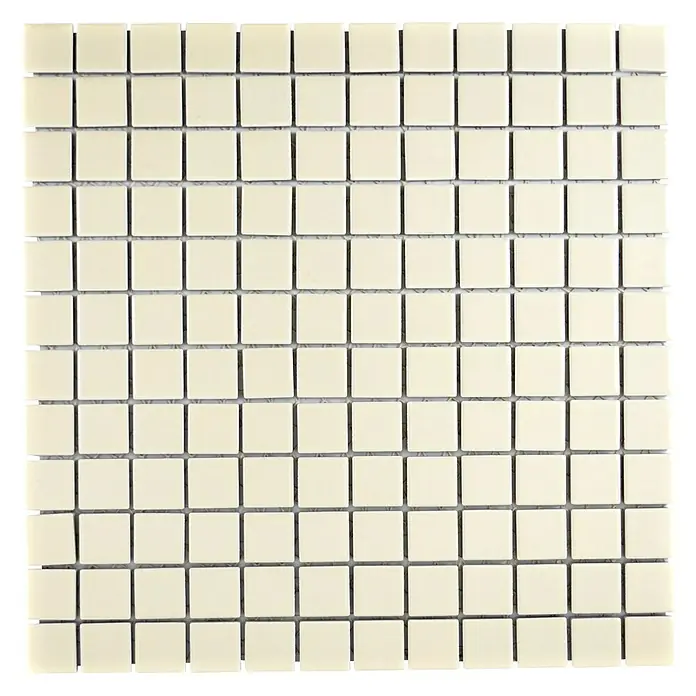Mosaikfliese Quadrat Uni CG 164 - 29,8 x 29,8 cm, Beige, Glänzend - Bild einer quadratischen Fliesenmatte mit kleinen, quadratischen, beigefarbenen Mosaikfliesen, die ein gleichmäßiges Muster bilden.