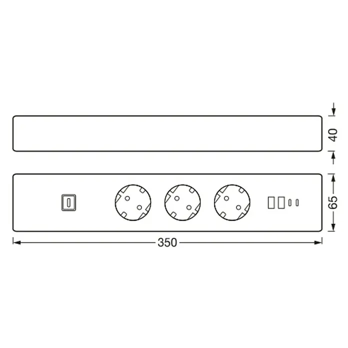Osram Smart+ Smart-Steckdosenleiste (2. Gen.) - 3-fach, Weiß, Max. Anschlussleistung: 3.680 W, 4 x USB - Darstellung eines Gerätes mit Schalter, Steckdosen und Drehknöpfen, technische Zeichnung mit Maßangaben für Bau oder Design.