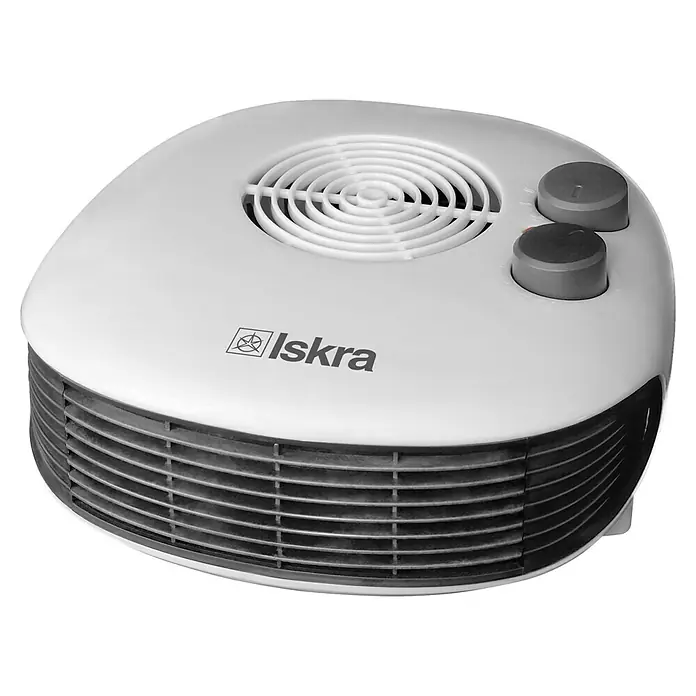 Iskra Heizlüfter FH08 - 1.000 W - 2.000 W, Weiß/Schwarz, IPX0 - Weiße tragbare elektrische Heizung der Marke Iskra mit zwei Drehknöpfen zur Temperaturregelung und einem Luftaustrittsgitter.