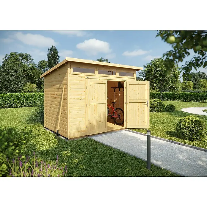 Weka Gartenhaus 264 Gr. 3 - Außenmaß inkl. Dachüberstand (B x T): 330 x 249 cm, Holz, Natur - Geräumiges Gartenhaus aus Holz mit Doppeltür und Oberlichtern, ideal zur Aufbewahrung von Gartengeräten und Fahrrädern.