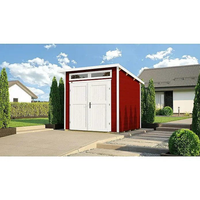 Weka Gartenhaus 264 Gr. 2 - Außenmaß inkl. Dachüberstand (B x T): 263 x 285 cm, Holz, Schwedenrot - Ein roter Geräteschuppen mit weißen Türen vor einem Haus.