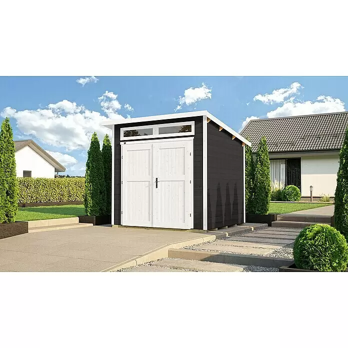 Weka Gartenhaus 264 Gr. 2 - Außenmaß inkl. Dachüberstand (B x T): 263 x 285 cm, Holz, Anthrazit - Schwarzes Holzgartenhaus mit weißen Doppeltüren und weißer Verkleidung, in einem modernen Garten platziert.