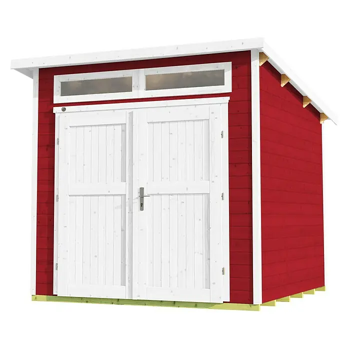 Weka Gartenhaus 264 Gr. 2 - Außenmaß inkl. Dachüberstand (B x T): 263 x 285 cm, Holz, Schwedenrot - Abbildung eines roten Holzgartenschuppens mit weißen Türen und Fenstern. Ideal zur Aufbewahrung von Gartengeräten und Werkzeugen.