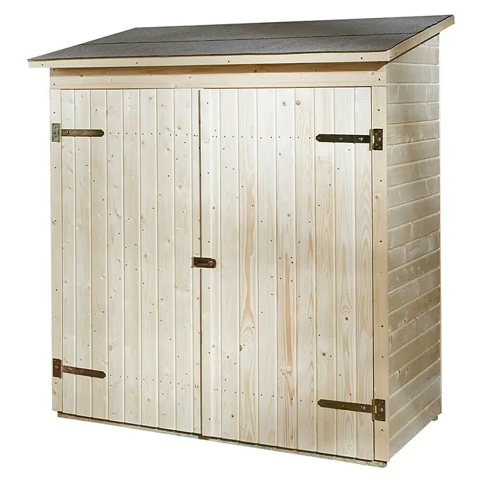 Weka Gartenschrank 361 Gr. 2 - Fichte, Natur - Dieses Bild zeigt einen Geräteschuppen aus Holz mit Doppeltüren und einem geneigten Dach, ideal für die Gartenaufbewahrung.
