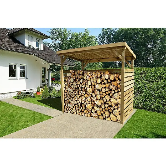 Weka Kaminholzregal 663 - 229 x 131 x 204 cm, Holz, Kesseldruckimprägniert - Holzlager mit Holzbefüllung im Garten. Die Konstruktion bietet optimalen Schutz vor Witterungseinflüssen und hält das Brennholz trocken.