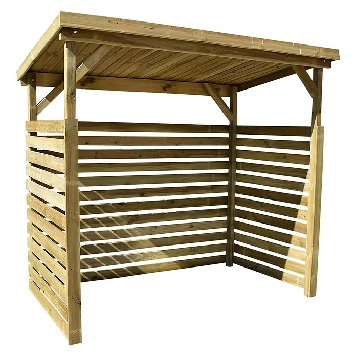 Weka Kaminholzregal 663 - 229 x 131 x 204 cm, Holz, Kesseldruckimprägniert - Hier ist eine Ansicht des Holzschuppens, mit Lamellenwänden und einem Dach. Das Holz ist unbehandelt und hell.