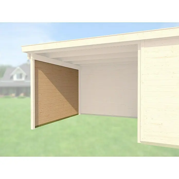 Weka Seitenwand - Passend für: Weka Gartenhaus 172, Natur - Visualisierung eines Carports mit Holzwänden und Überdachung, ideal für den Schutz von Fahrzeugen vor Witterungseinflüssen.