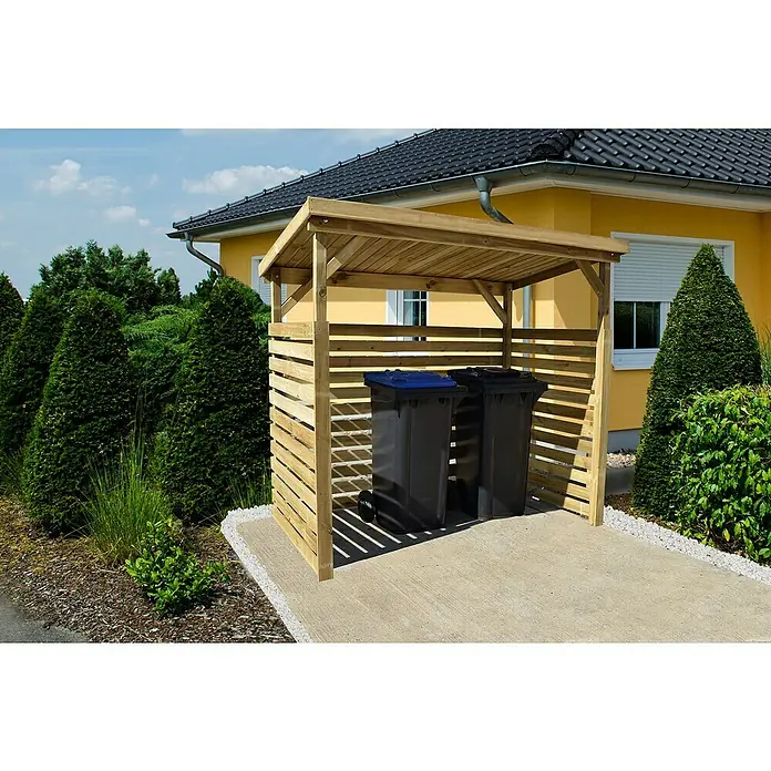 Weka Kaminholzregal 663 - 229 x 131 x 204 cm, Holz, Kesseldruckimprägniert - Holz Mülltonnenbox im Garten. Die Mülltonnenbox bietet Platz für zwei Mülltonnen und schützt sie vor Wind und Wetter.