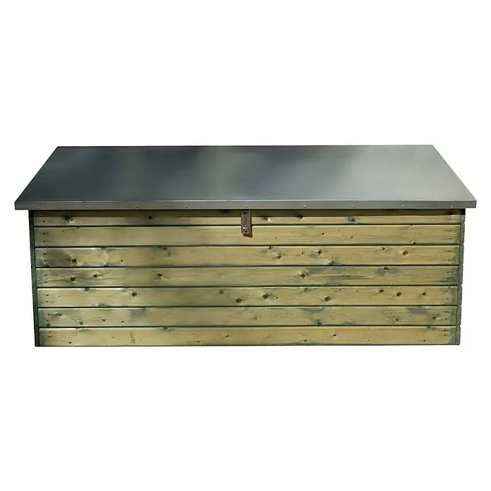 Weka Garten-Aufbewahrungsbox - L x B x H: 78 x 188 x 70 cm, Natur, Kiefer - Detailansicht einer Gartenbox aus Holz mit Metalldeckel. Die Box bietet Stauraum für Gartenzubehör und Werkzeuge.
