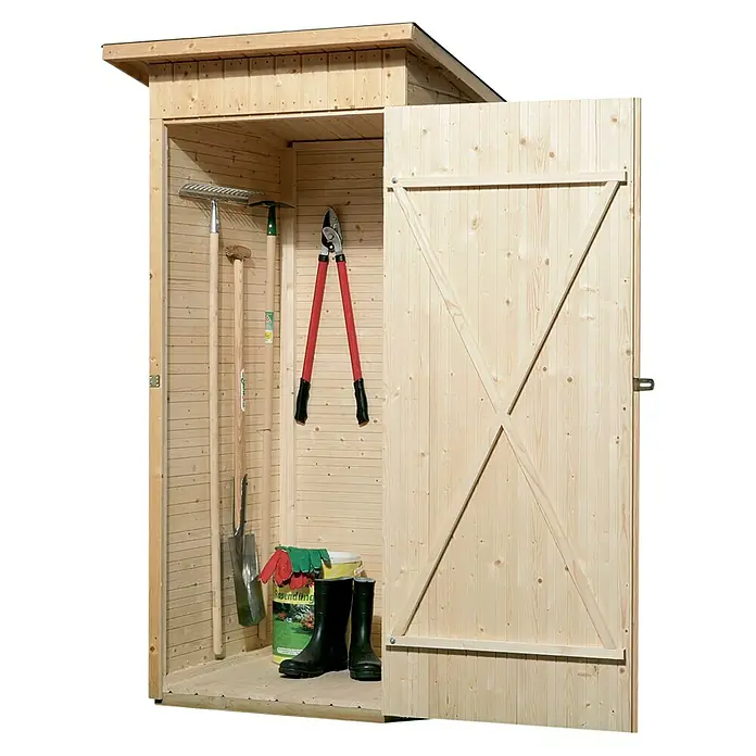 Weka Gartenschrank 361 Gr. 1 - Außenmaß inkl. Dachüberstand (B x T): 100 x 105 cm, Holz, Ohne Dachschindeln - Geräumiger Gartenschrank aus Holz mit Gartengeräten wie Rechen, Schaufel und Gummistiefeln, ideal für die Gartenorganisation.
