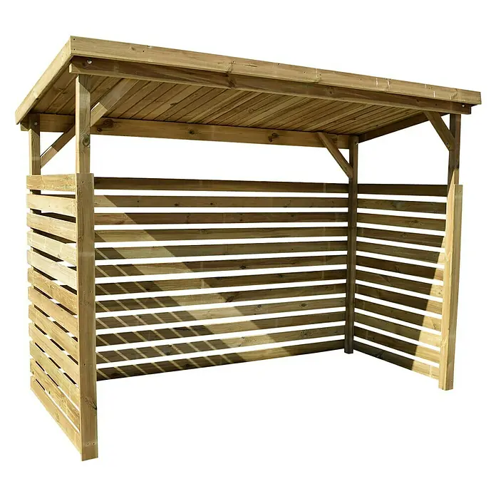 Weka Kaminholzregal 663 B - 274 x 131 x 204 cm, Holz, Kesseldruckimprägniert - Abbildung einer Holzlege für Kaminholz mit schützendem Dach. Die Holzlege ist aus naturbelassenem Holz gefertigt und bietet Stauraum.