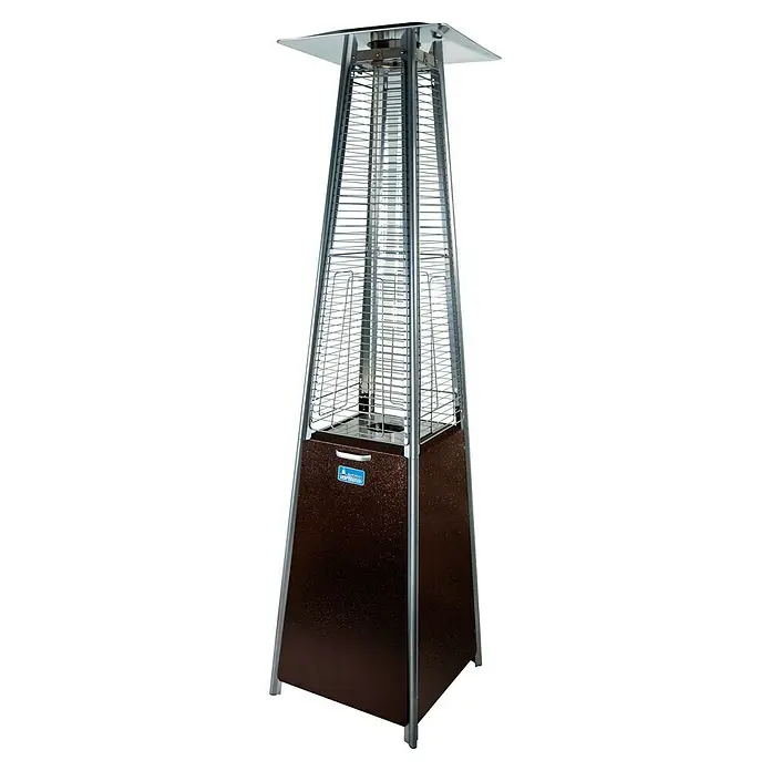 Terrassenstrahler Pyramide Cheops II - Wärmeleistung: 9,3 kW, Höhe: 190 cm, Gold - Diese Aufnahme zeigt einen schlanken Terrassenheizer mit silbernem Käfig und bronzefarbenem Sockel, ideal für gemütliche Abende im Freien.