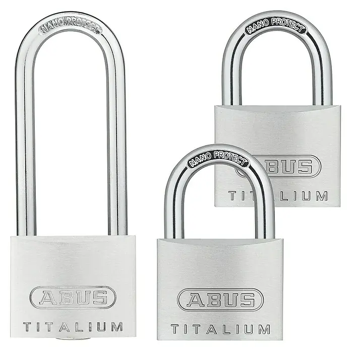 Abus Vorhängeschloss-Set Triples Gleichschließend - 3 Stk., Titalium-Spezialaluminium - Drei ABUS Titalium Vorhängeschlösser in verschiedenen Größen mit Nano Protect Beschichtung für erhöhten Korrosionsschutz.