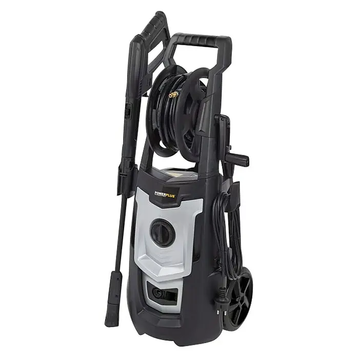 PowerPlus Hidrolimpiadora de alta presión POWXG90410 - 150 bar, 1.800 W, Capacidad de bombeo: 420 l/h - Una máquina de limpieza de alta presión Powerplus con carrete de cable y accesorios prácticos para trabajos de limpieza en exteriores.