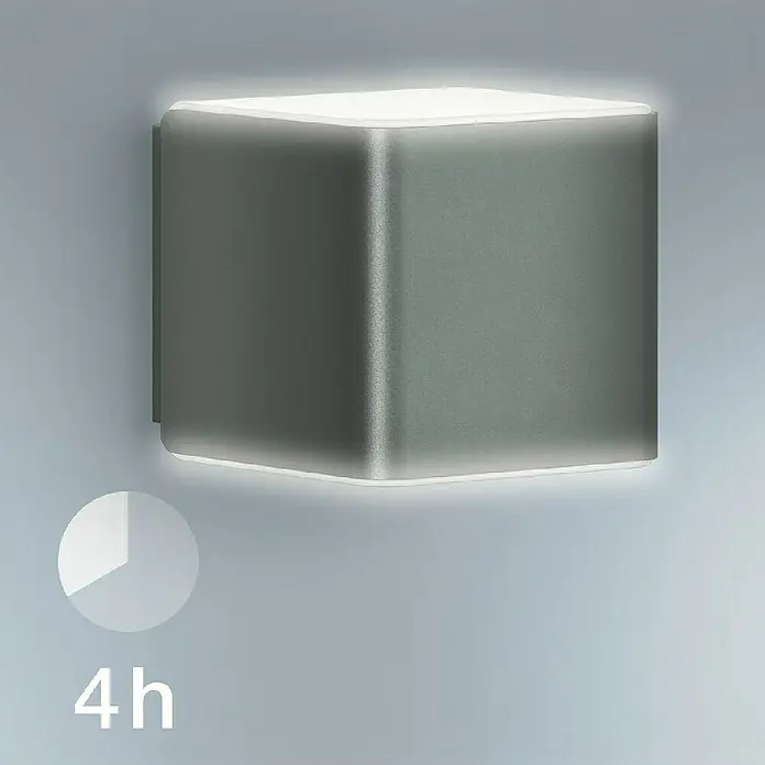 Steinel LED-Sensor-Außenwandleuchte L 840 SC anthrazit - 9,1 W, L x B x H: 11 x 11 x 13,35 cm, Anthrazit, Warmweiß - Nahaufnahme einer modernen, würfelförmigen Wandleuchte, die ein sanftes, gleichmäßiges Licht ausstrahlt.