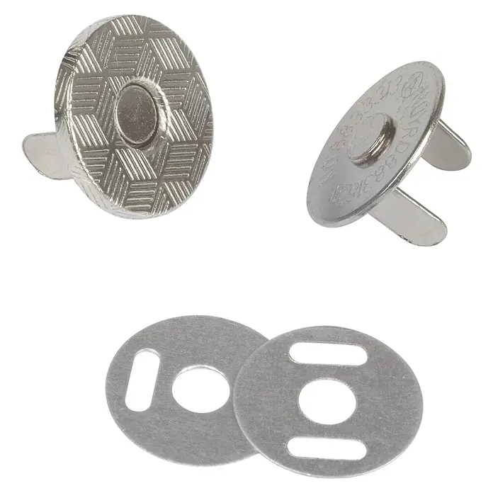 Fix-o-moll Magnetverschluss Neodym - Durchmesser: 18 mm, Silber - Das Bild zeigt eine silberfarbene Magnetverschlüsse mit dazugehörigen Metallscheiben. Ideal zum Annähen an Taschen und Kleidungsstücke.
