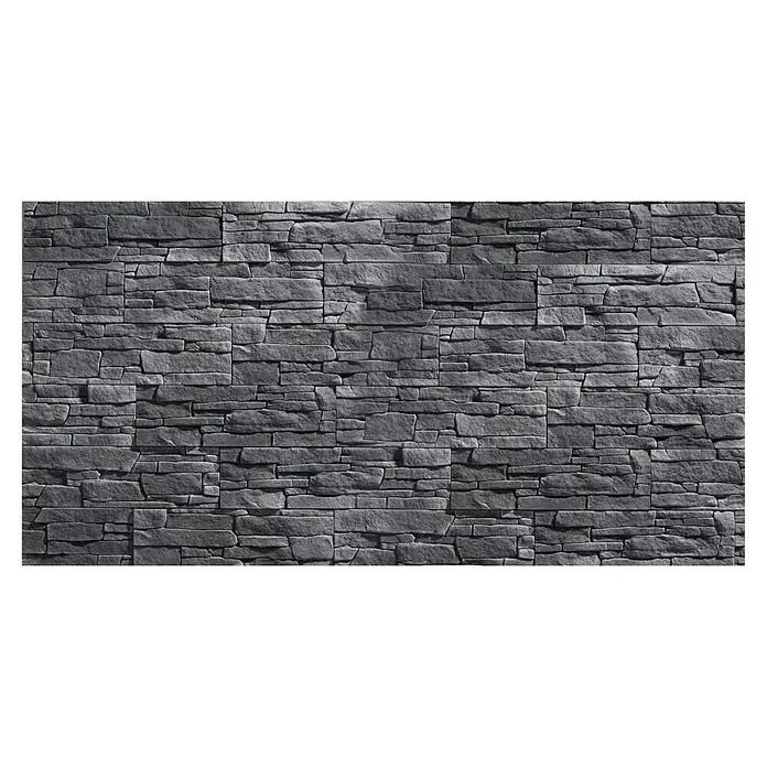 Stegu Verblendstein Mexicana15 x 48,5 cm, Grau, Steinoptik - Detailaufnahme einer Wandverkleidung aus grauem Naturstein, die eine rustikale und moderne Ästhetik vereint.