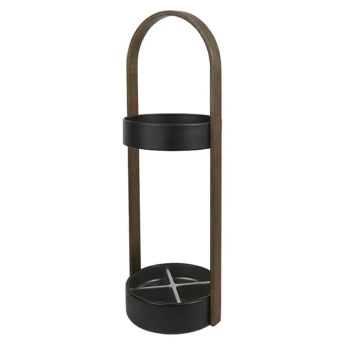 Umbra Regenschirmständer Hub - Ø x H: 22,2 x 68,6 cm, Walnuss - Elegante Stehgarderobe mit Holzrahmen und schwarzen Einsätzen zur Aufbewahrung von Schirmen und Accessoires. Stilvolles Design für den Eingangsbereich.