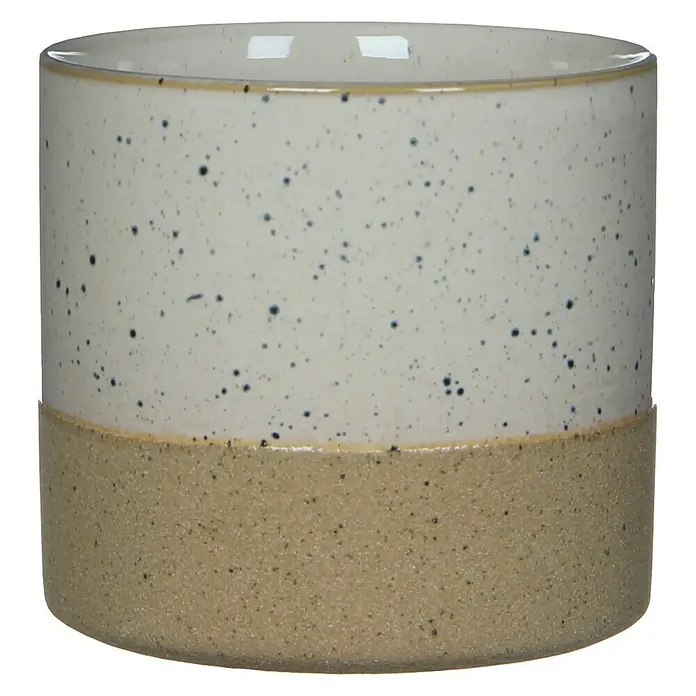Mica Decorations Übertopf rund Lago - Außenmaß (Ø x H): 13,5 x 13 cm, Keramik, Weiss - Ein zylindrischer Blumentopf mit cremefarbenem, gesprenkeltem Oberteil und sandfarbener Basis, ideal für Zimmerpflanzen.