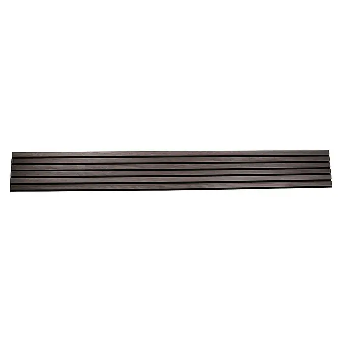 Panel acústico decorativo Premium Light - 250 x 30 x 1,1 cm, Roble gris - Primer plano de un panel acústico de madera con listones horizontales oscuros y espacios oscuros, ideal para revestimientos de paredes.