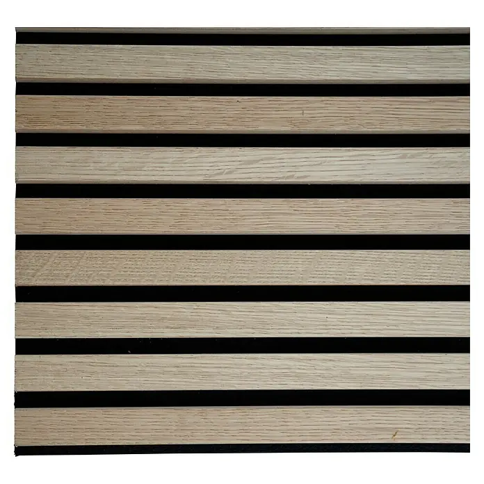 Panel acústico decorativo Premium Plus - 1,2 m x 0,6 m x 22 mm, Roble natural - Panel de pared de madera con listones de madera clara sobre fondo negro, ideal para interiores modernos.