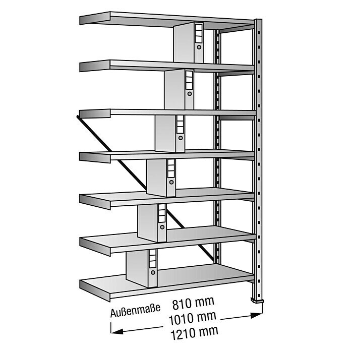 Scholz Aktenregal Anbauelement (Länge: 1.010 mm, Breite: 300 mm, Höhe: 2.280 mm, Traglast: 80 kg/Boden, Anzahl Böden: 7 Stk.)