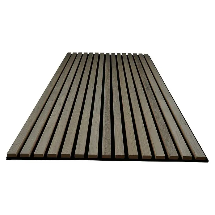 Panel acústico decorativo Premium Plus - 1,2 m x 0,6 m x 22 mm, Roble gris - Paneles de madera con listones estrechos y espacios oscuros, ideales para revestimientos de paredes modernos y mejora acústica.