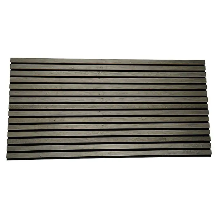 Panel acústico decorativo Premium Plus - 1,2 m x 0,6 m x 22 mm, Roble gris - Un primer plano de un panel decorativo de madera con listones horizontales y una sutil veta, ideal para interiores.
