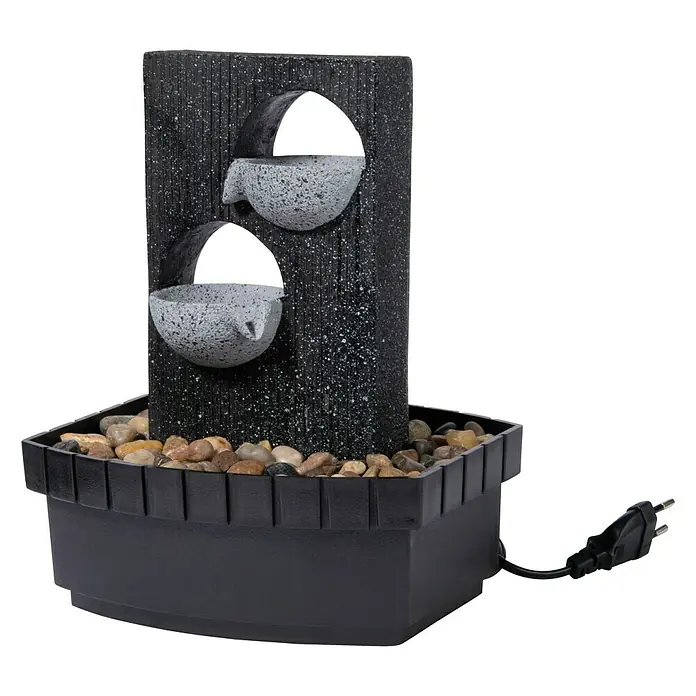 Dobar Gartenbrunnen - 20,5 x 16,5 x 26 cm, Kunststoff, Grau/Schwarz - Zimmerbrunnen mit zwei Schalen auf einem gestreiften Sockel, mit Steinen gefüllt und mit einem Netzstecker.
