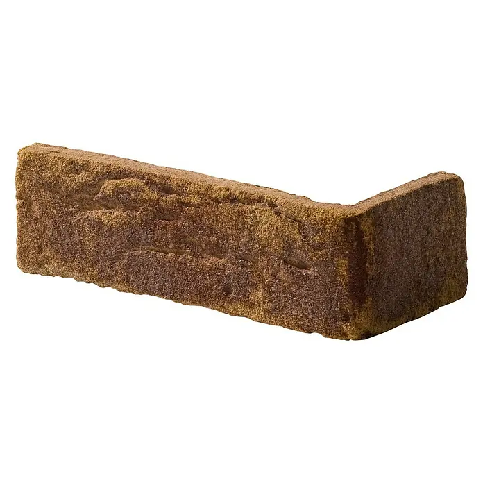 Stegu Verblendstein-Ecke Country 610 - 20,5 cm x 9,5 cm x 14 mm, Braun/Beige, Steinoptik - Nahaufnahme eines Ecksteins mit rustikaler Textur und erdfarbenen Tönen. Perfekt für architektonische Visualisierungen.