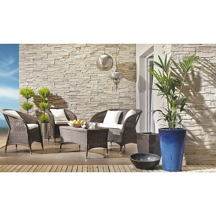Stegu Verblendstein-Ecke Sakura - 36,5 cm x 18 cm x 14 mm, Hellgrau, Steinoptik - Elegante Rattan-Gartenmöbel-Set mit Couch, Sesseln und Tisch. Das Set ist wetterfest und ideal für Terrasse und Garten.
