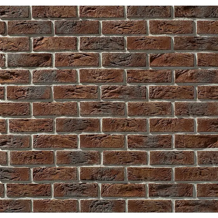 Stegu Verblendstein-Ecke Country 668 - 20,5 cm x 9,5 cm x 14 mm, Braun, Steinoptik - Nahaufnahme einer Mauer aus roten Ziegelsteinen mit hellgrauen Fugen, die eine rustikale und robuste Textur zeigt.