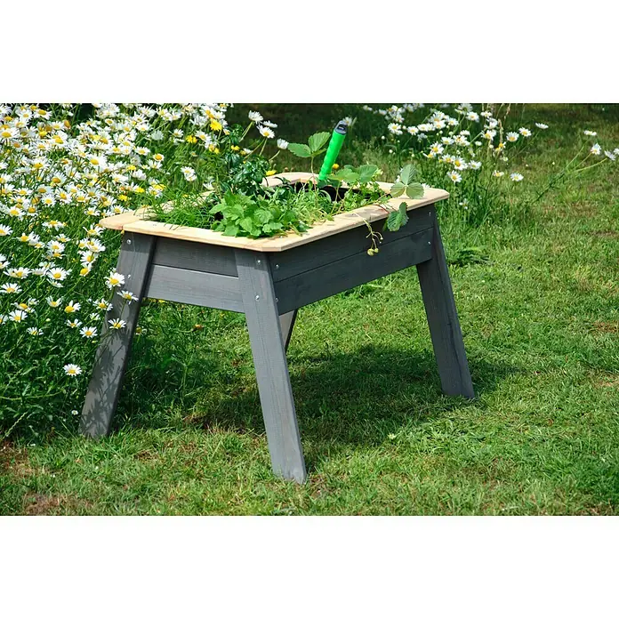 Dobar Hochbeet für Kinder - 78 x 60 x 50 cm, Holz, Grau - Das Bild zeigt einen grauen Pflanztisch mit Pflanzen in einem Garten, umgeben von Gänseblümchen, der sich ideal für den Anbau eignet.