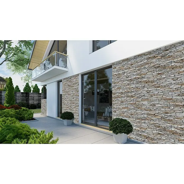 Stegu Verblendstein Porto - 11 x 54 cm, Beige, Steinoptik - Eine Außenansicht eines modernen Hauses mit Steinverkleidung, großen Fenstern und gepflegtem Gartenbereich. Schlichte Eleganz im Fokus.