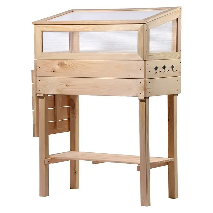 Dobar Hochbeet - 116 x 40 x 110 cm, Holz, Natur - Hölzerner Pflanztisch mit Pflanzkasten, Ablagefläche und Hakenleiste für Gartengeräte, ideal für den Garten oder die Terrasse.