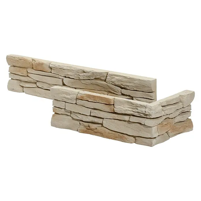 Stegu Verblendstein Porto - 11 x 54 cm, Beige, Steinoptik - Nahaufnahme einer Eckverkleidung aus Kunststein, die eine realistische Steinoptik für Fassaden und Innenräume bietet.
